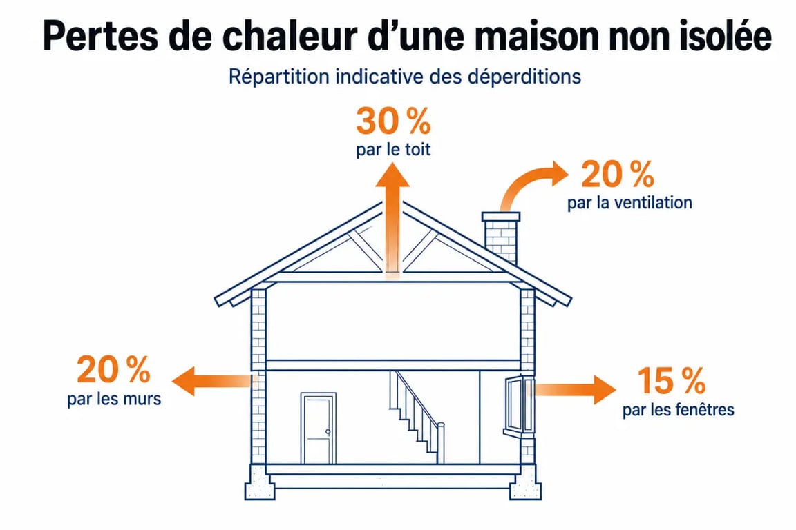 Infographie des pertes de chaleur d'une maison pour optimiser la performance énergétique de son logement lors des travaux